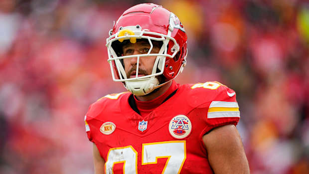 Kansas City Chiefs tight end Travis Kelce during pregame warm-ups.